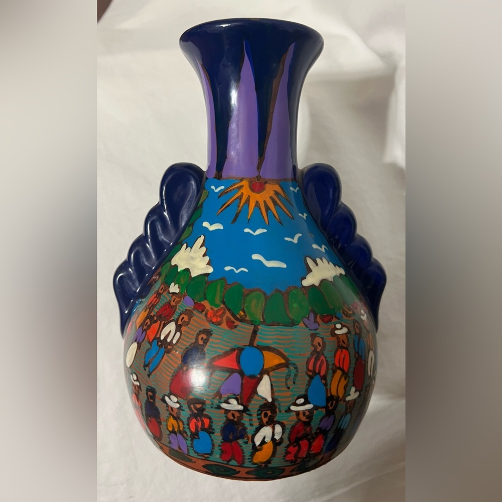 Vintage Mexican Hand-painted Terracotta Folk Art Vase Featuring a Festival